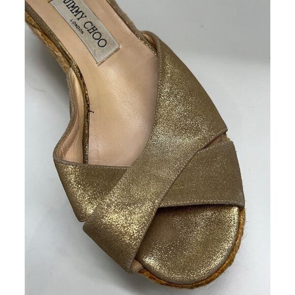 Jimmy Choo Gold Metallic Strappy Slip-On Platform Sandal Woven Wedges Sz 42 - Picture 3 of 10